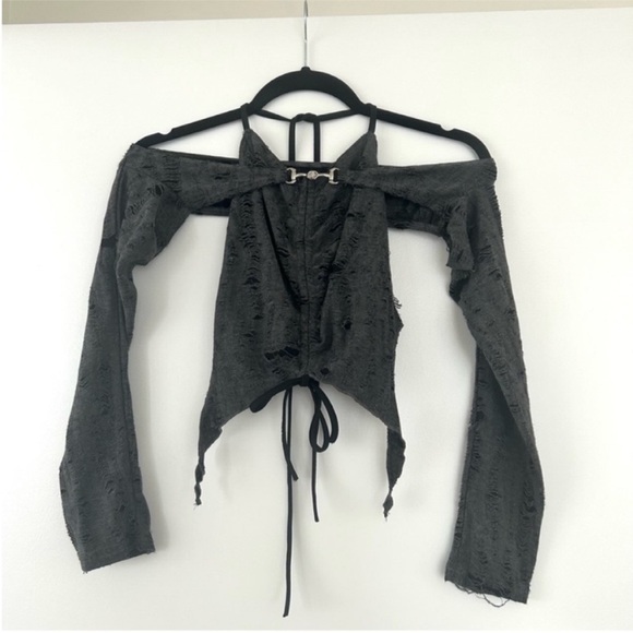 Gray Halter Irregular Draw String Top - Picture 5 of 6